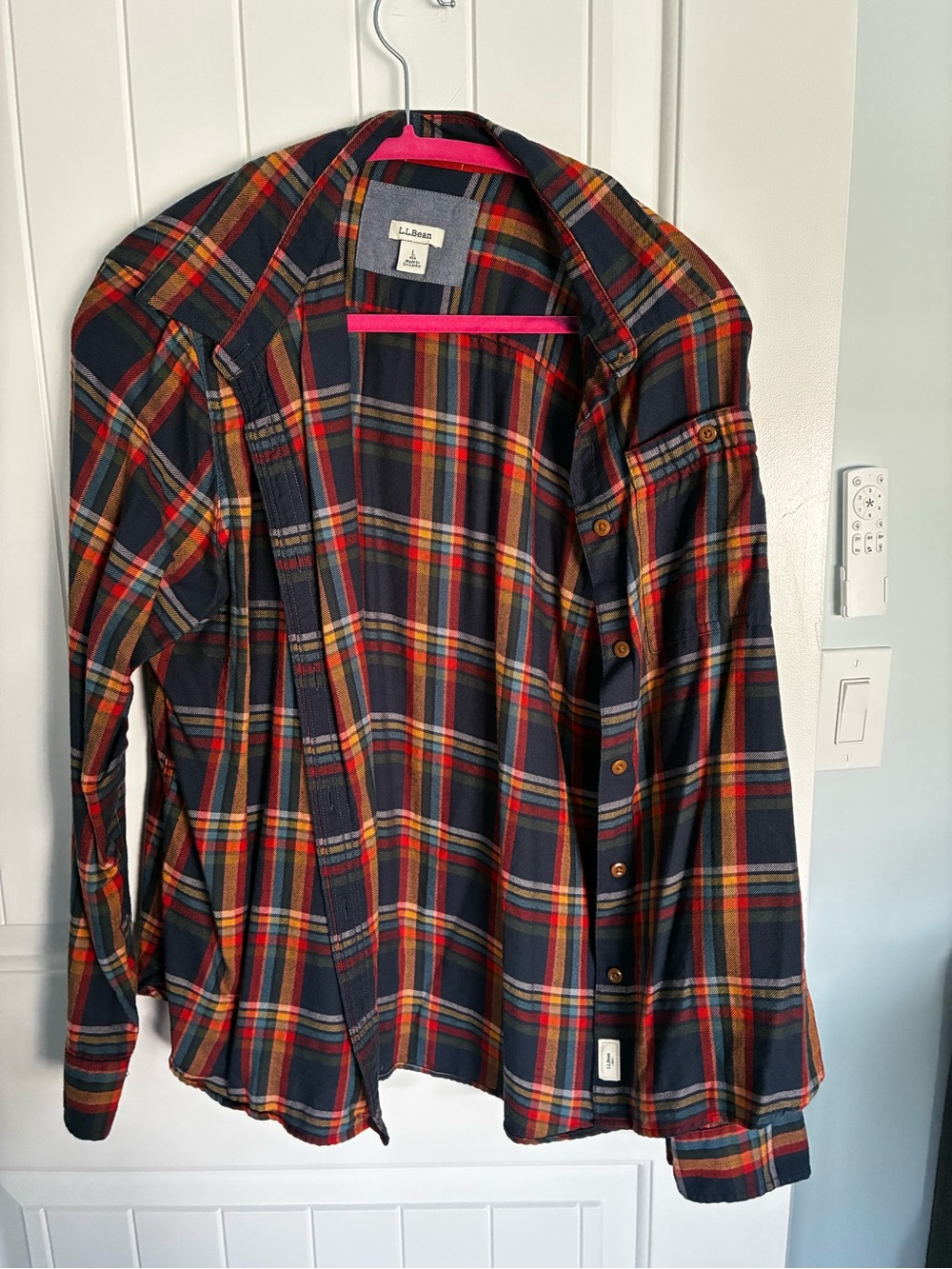 L.L. Bean Women’s Navy Plaid Button-Down Shirt with Red & Yellow Accents
